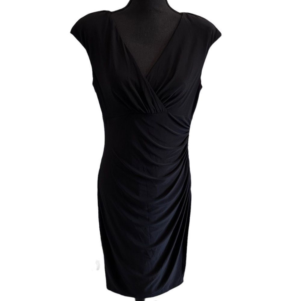 LRL 6 LBD Black Faux Wrap V-Neck Ruched Cap Sleeve Jersey Dress